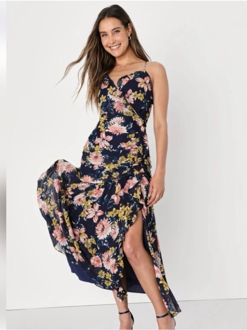 Lulu's Navy Floral Wrap Maxi Dress with Pink & Yellow Blooms